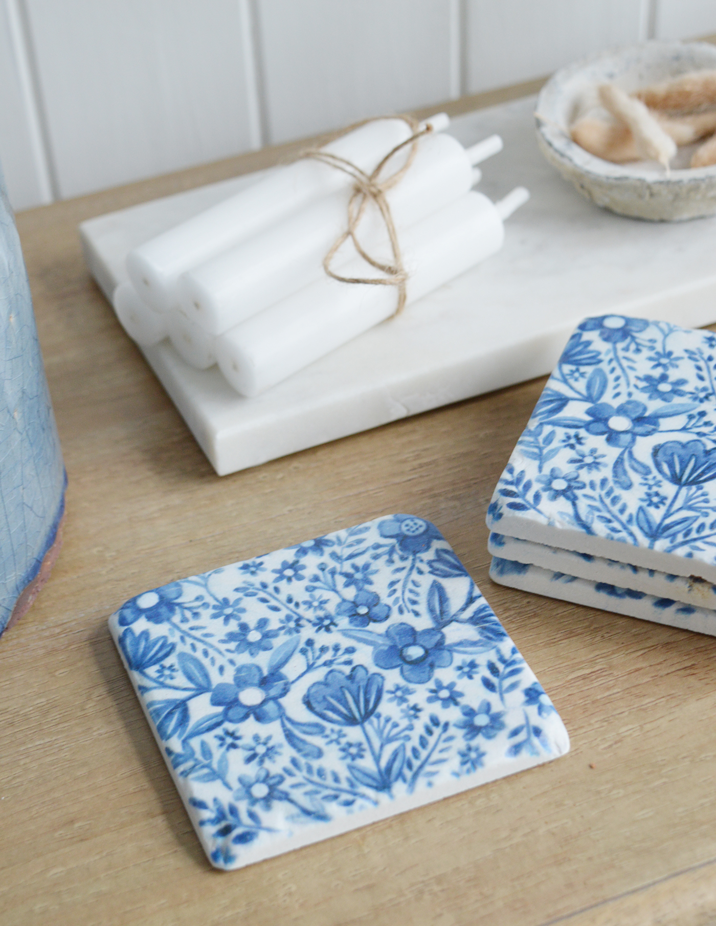Blue and white floral coasters, perfect for both new England coastal and country interiors