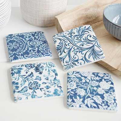 Blue and white floral coasters for New england coastal homes and interiors