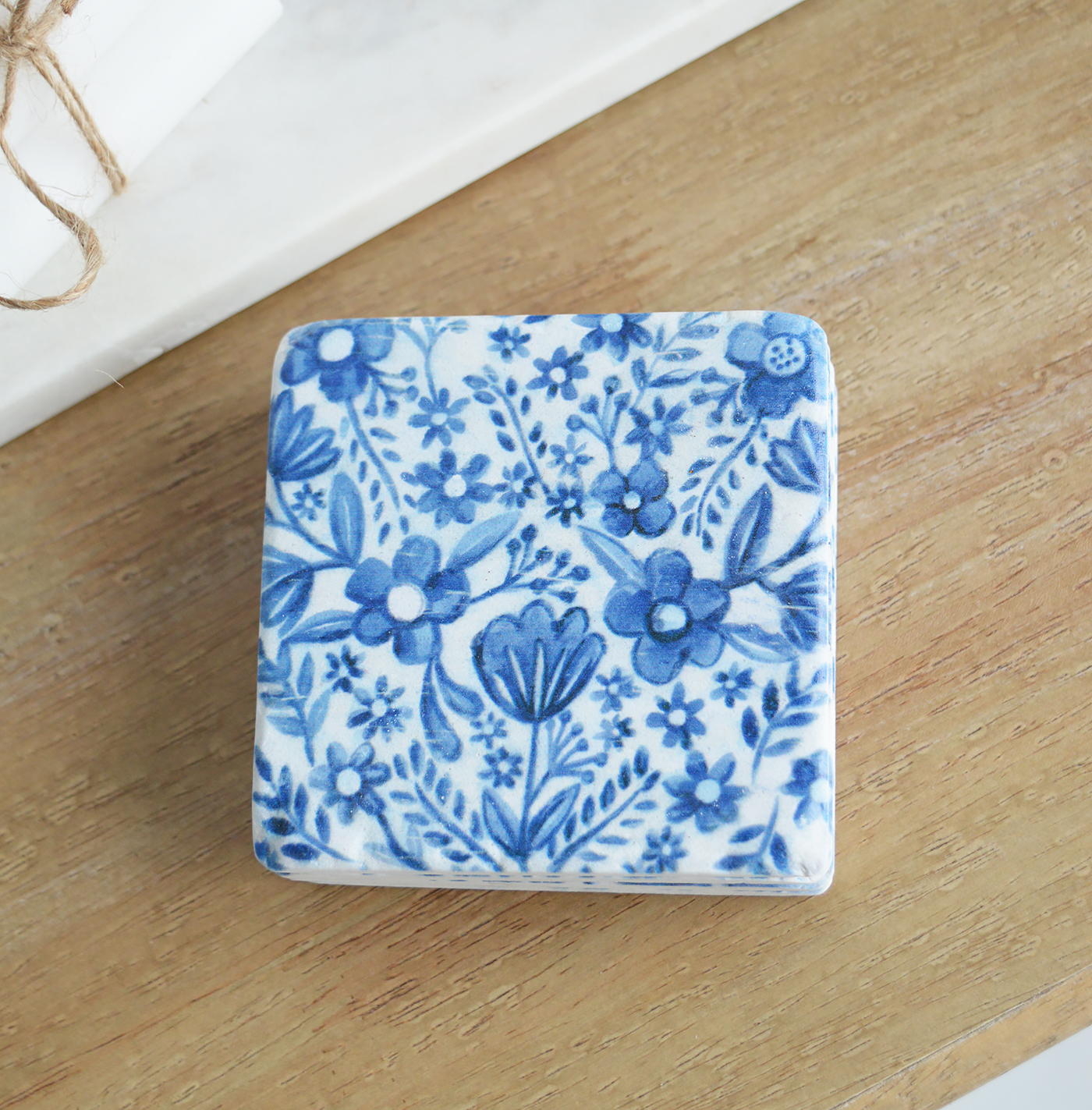 Blue and white floral coasters, perfect for both new England coastal and country interiors