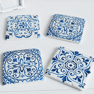 Blue and white coasters from The White Lighthouse coastal, New England and country , farmhouse furniture and home decor accessories UK