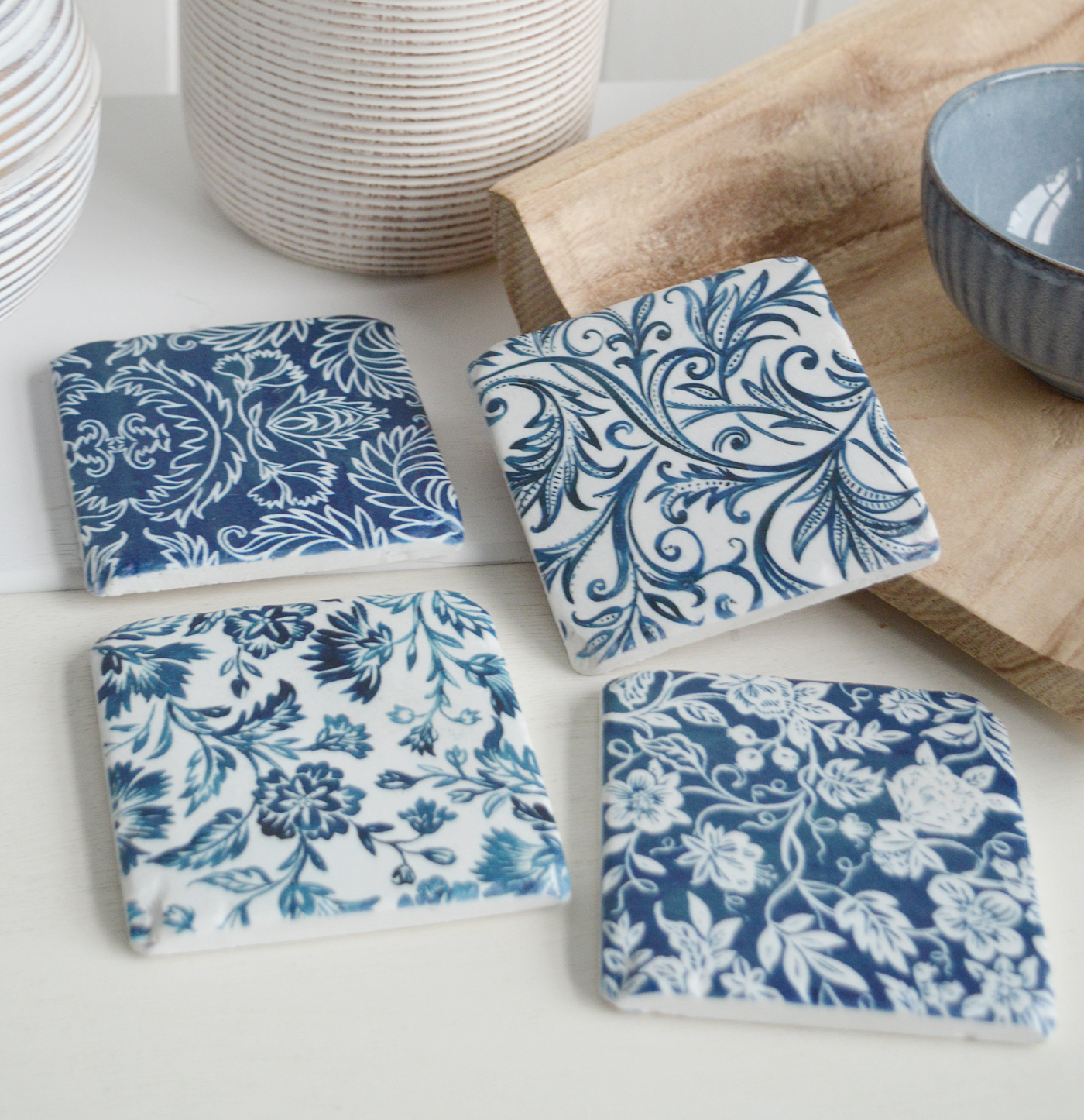 Blue and white floral coasters, perfect for both new England coastal and modern country and farmhouse homes and interiors