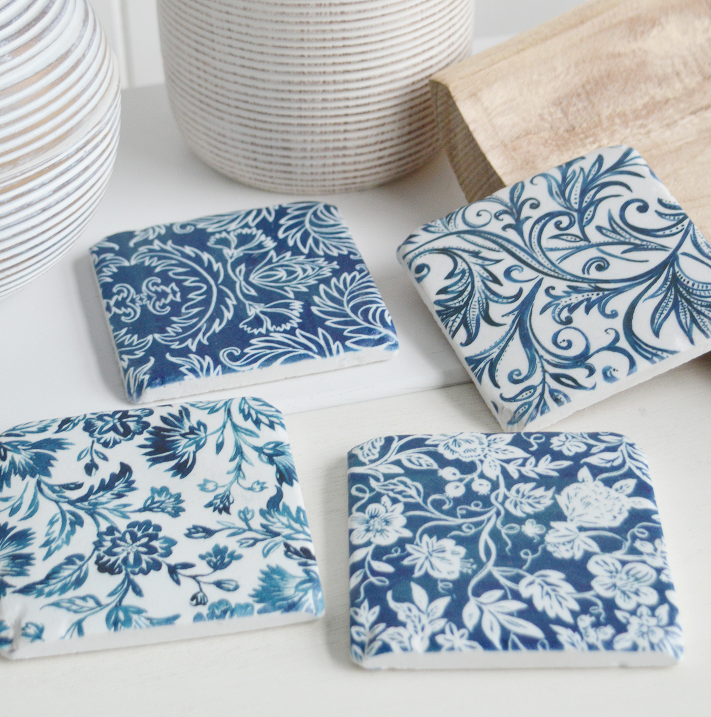 Blue and white floral coasters, perfect for both new England coastal and modern country and farmhouse homes and interiors