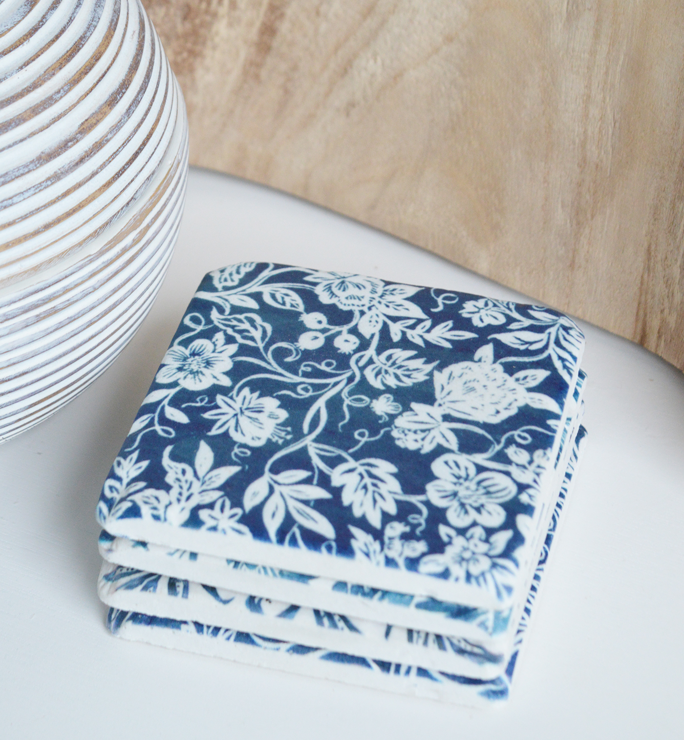 Blue and White Home Interiors - Floral Coasters. New England Style