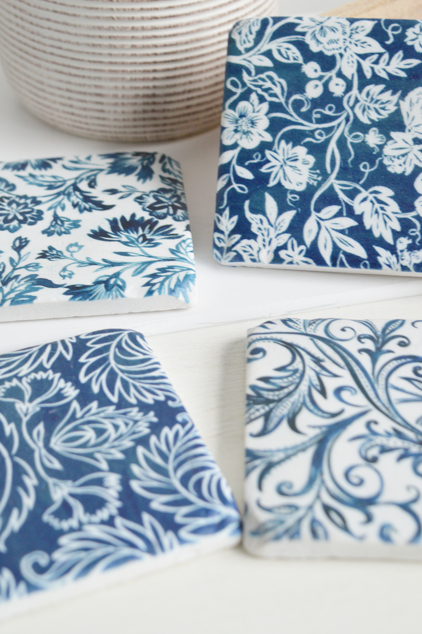 Blue and white floral coasters, perfect for both new England coastal and modern country and farmhouse homes and interiors