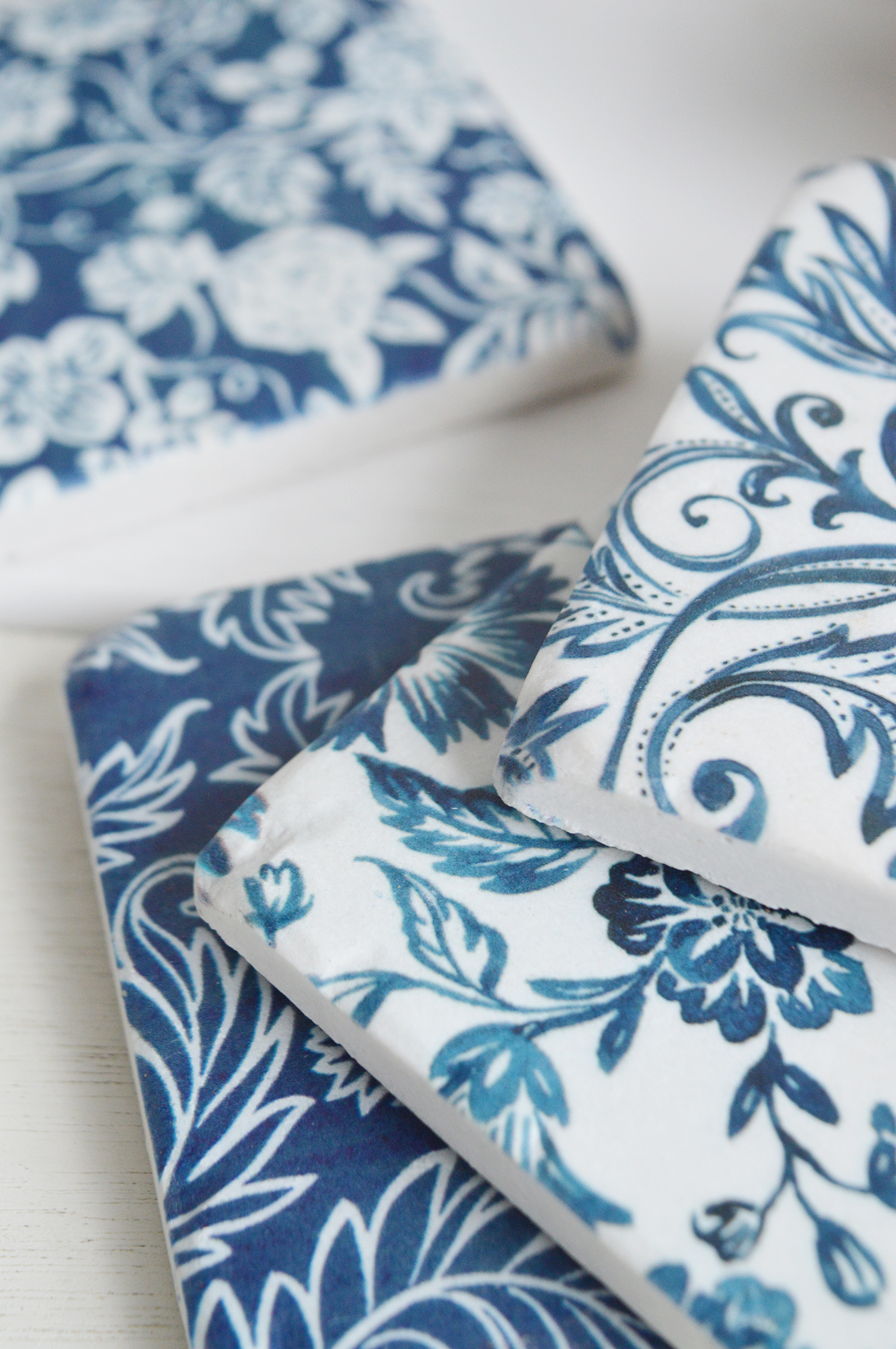 Blue and white floral coasters, perfect for both new England coastal and modern country and farmhouse homes and interiors