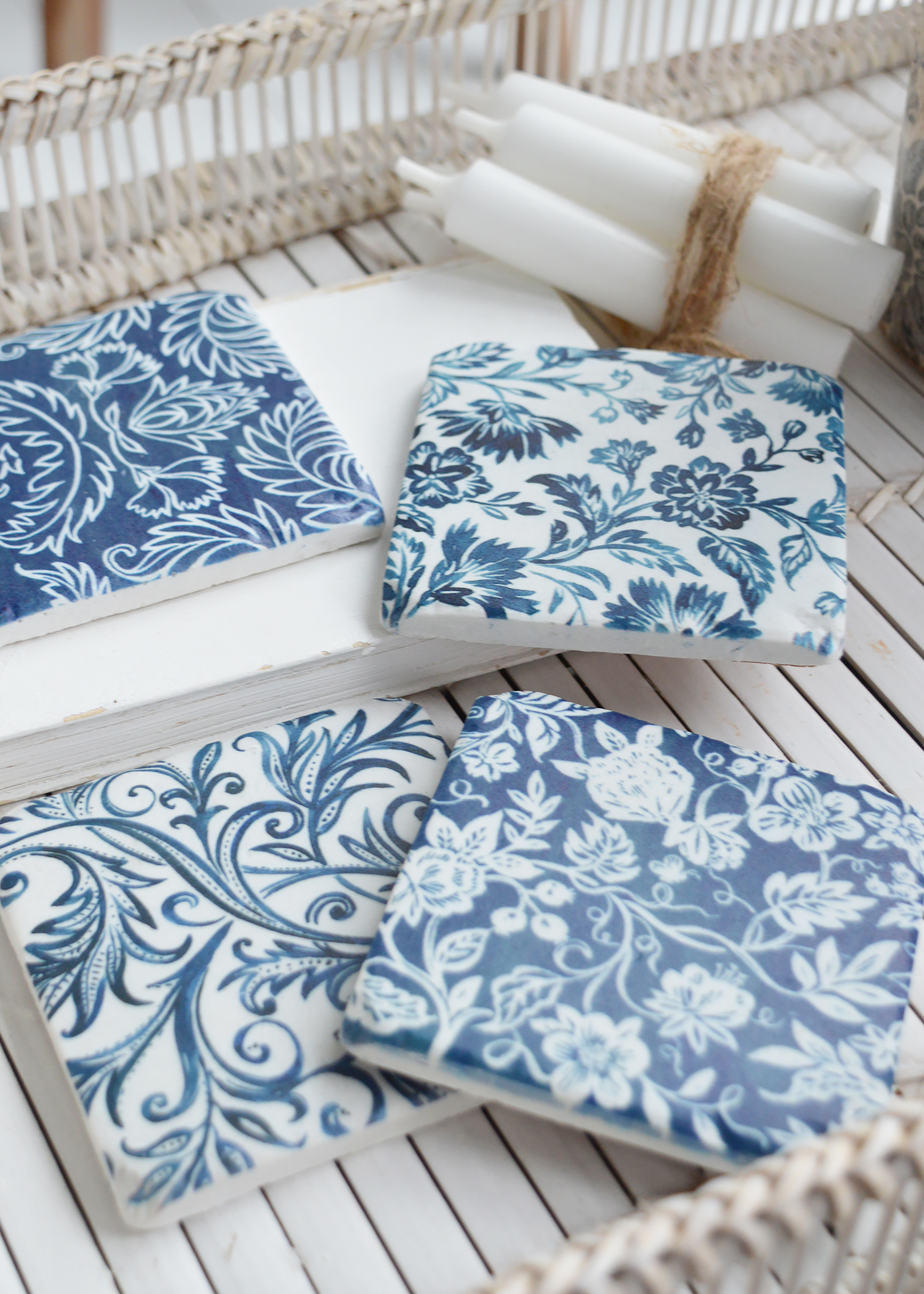 Blue and white floral coasters, perfect for both new England coastal and modern country and farmhouse homes and interiors