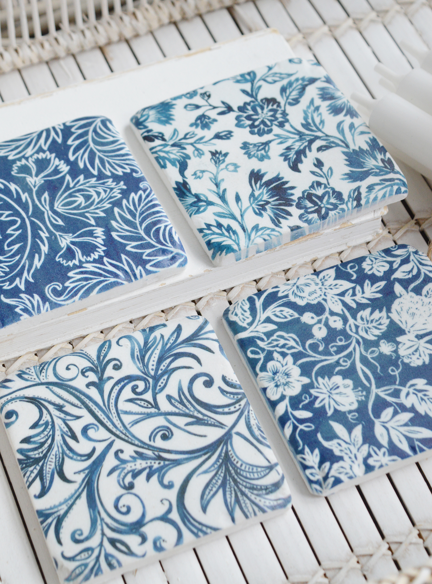 Blue and white floral coasters, perfect for both new England coastal and modern country and farmhouse homes and interiors