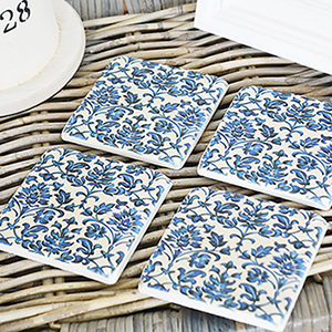 Blue and white floral ceramic coasters for New England country, coastal and white home interiors