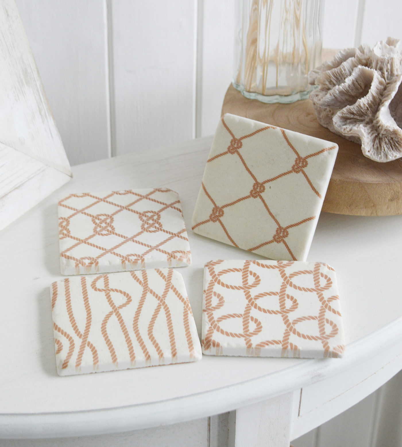 Coastal Home Interiors and Furniture - A set of 4 tile Rope Design Coasters