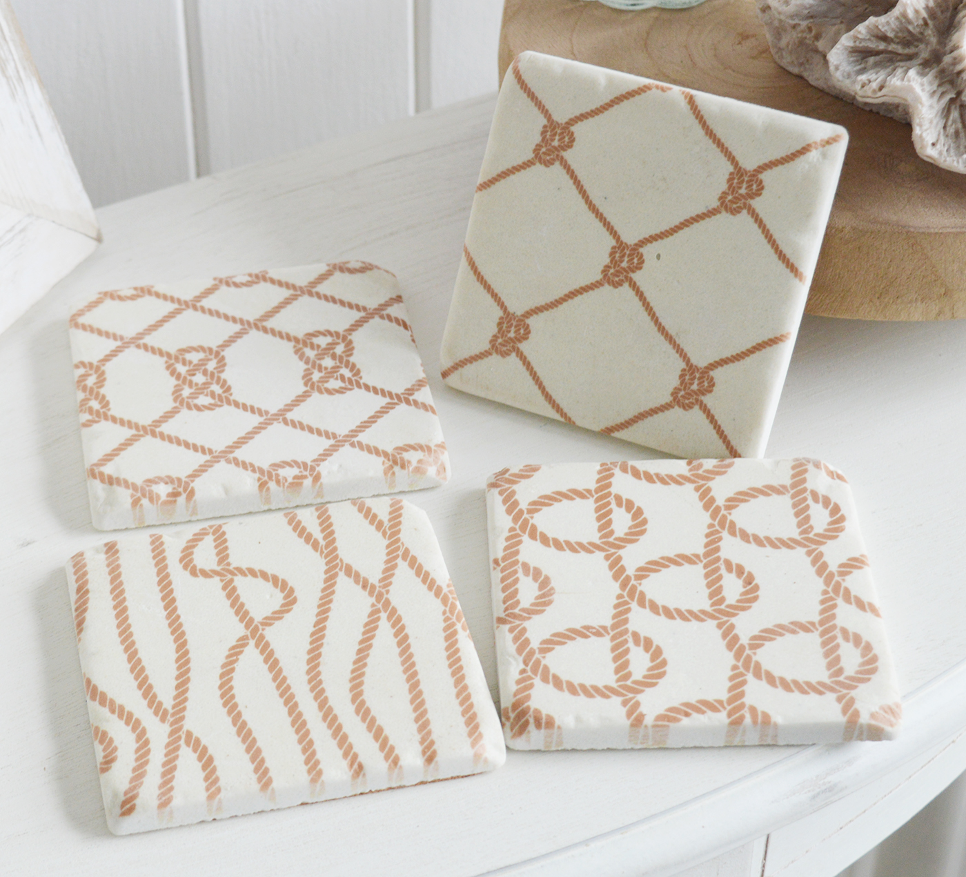 Coastal Home Interiors and Furniture - A set of 4 tile Rope Design Coasters