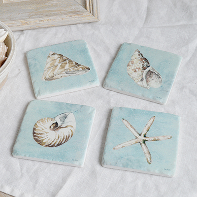 Hamptons Beach House Coastal Home Interiors and Furniture - A set of 4 shell Coasters