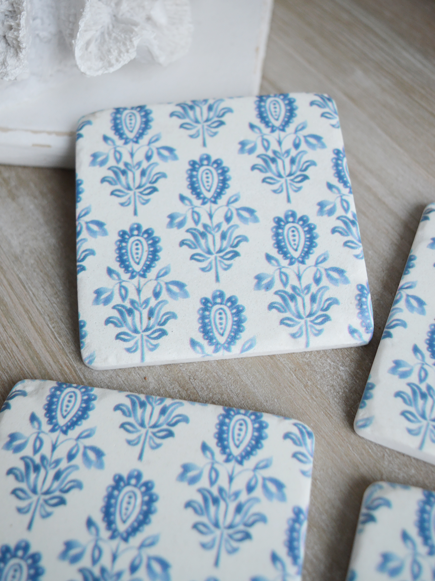 Blue and white Georgia coaster tiles - Coasters to complement New England modern farmhouse, country and coastal furniture, home decor and interiors