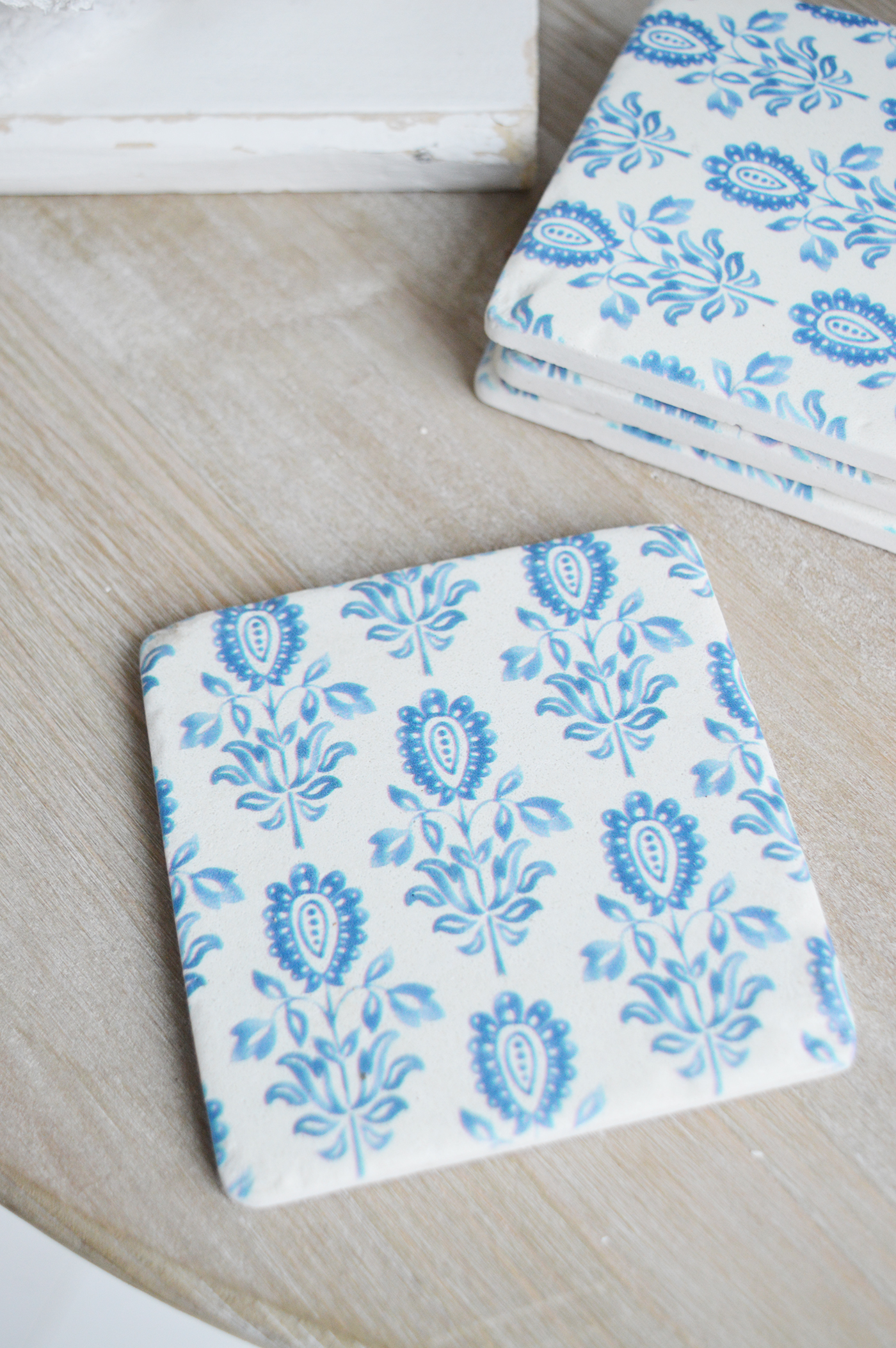 Blue and white Georgia coaster tiles - Coasters to complement New England modern farmhouse, country and coastal furniture, home decor and interiors