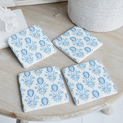 Blue and white Georgia coaster tiles - Coasters to complement New England modern farmhouse, country and coastal furniture, home decor and interiors