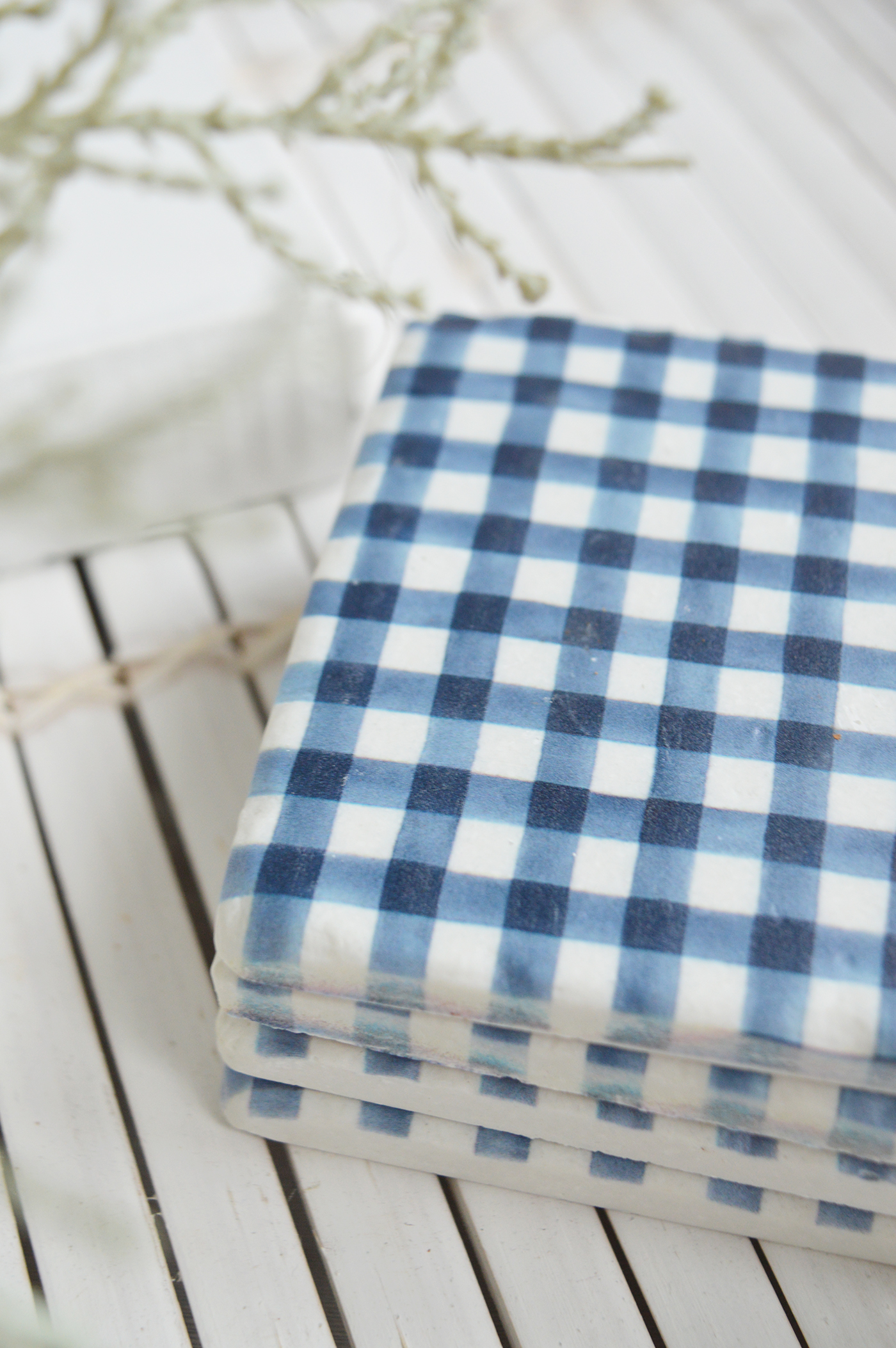 Gingham coasters - New England modern farmhouse, country and coastal furniture, home decor and interiors