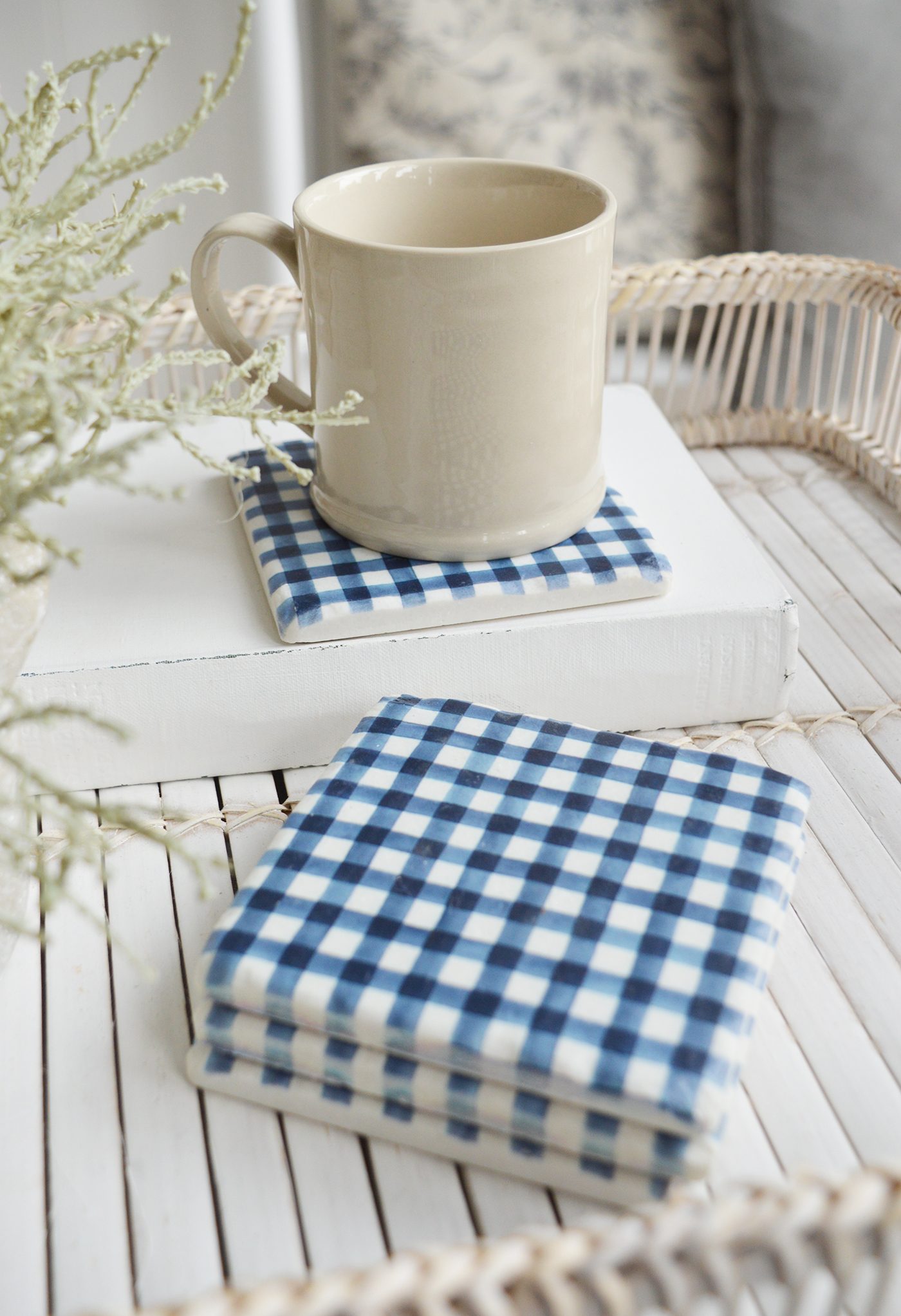 Blue and white Gingham coasters - New England modern farmhouse, country and coastal furniture, home decor and interiors
