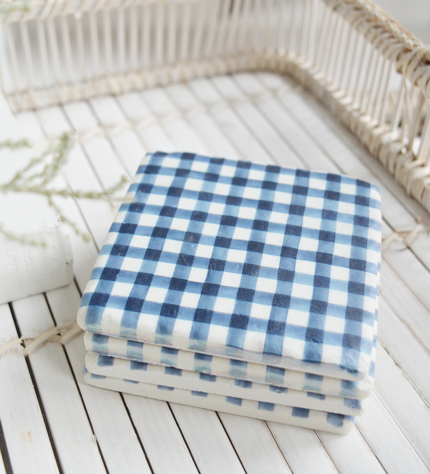 Blue and White Gingham coasters - New England modern farmhouse, country and coastal furniture, home decor and interiors