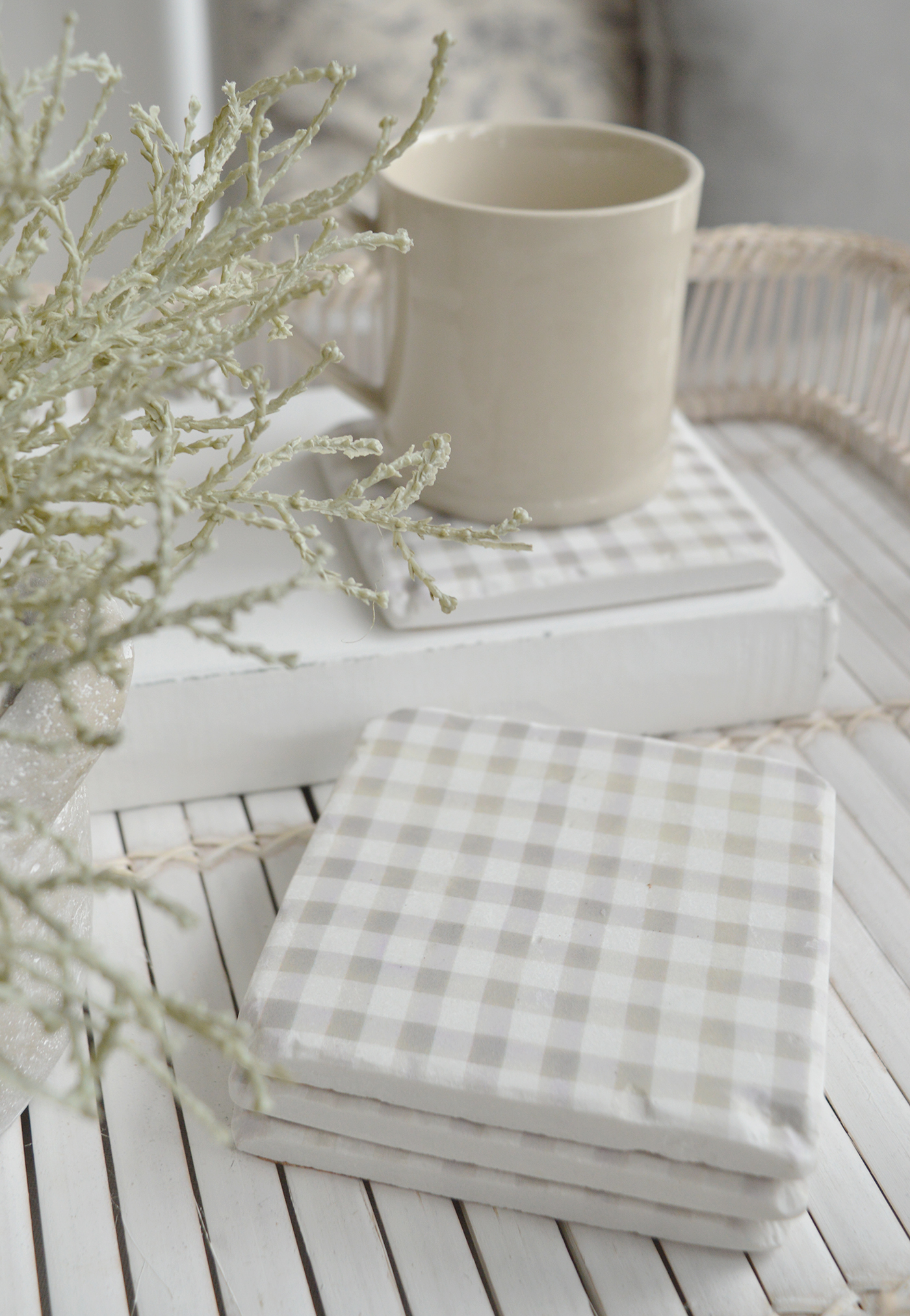 Natural Gingham coasters - New England modern farmhouse, country and coastal furniture, home decor and interiors