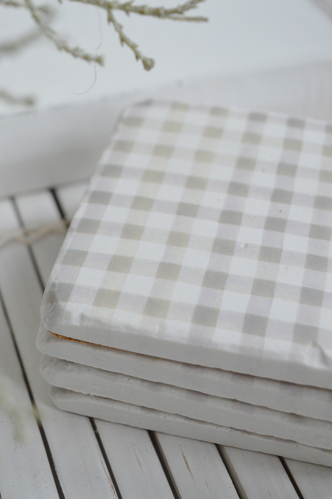 Linen and white Gingham coasters - New England modern farmhouse, country and coastal furniture, home decor and interiors