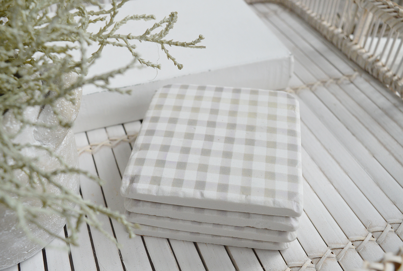 Natural Gingham coasters - New England modern farmhouse, country and coastal furniture, home decor and interiorsv