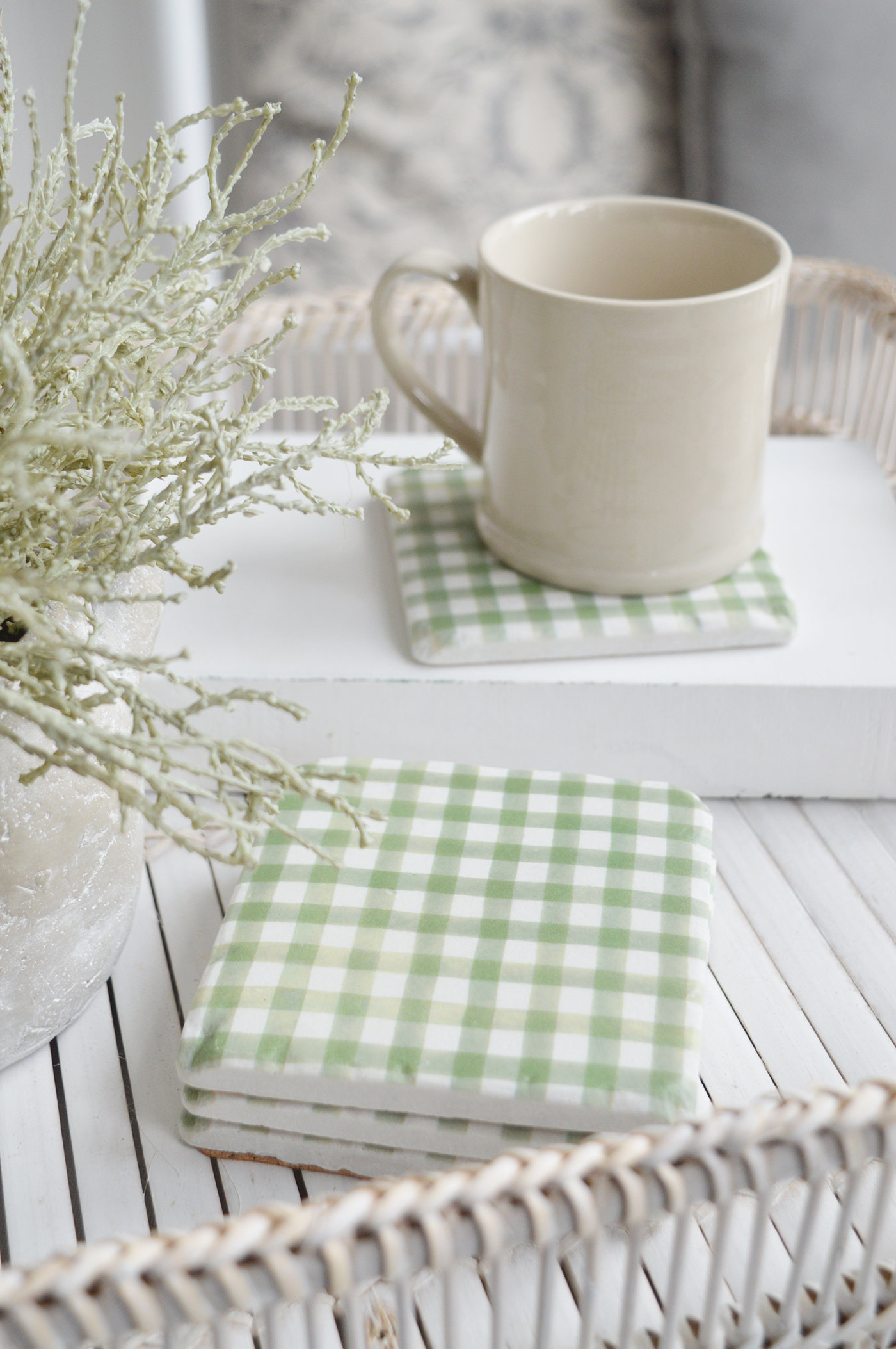 Gingham coasters - New England modern farmhouse, country and coastal furniture, home decor and interiors