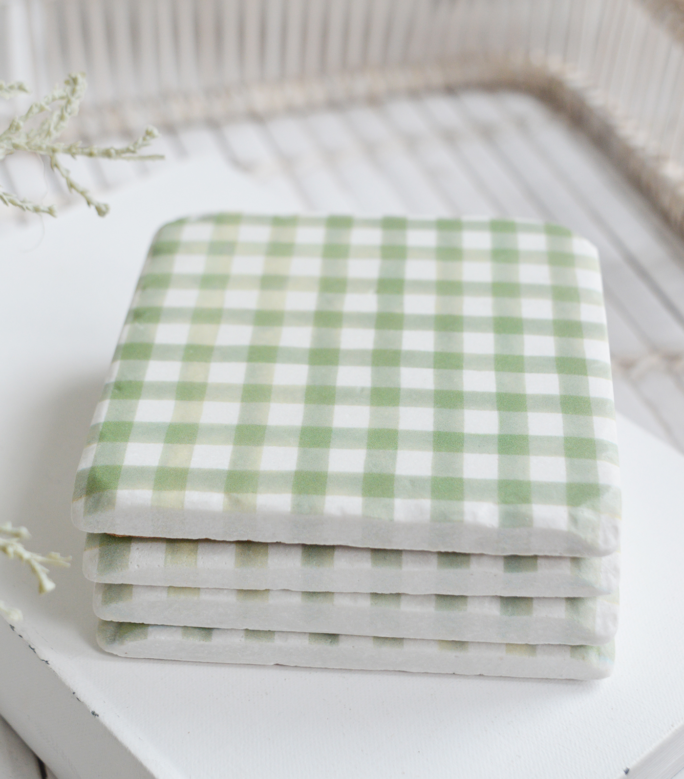 Sage green and whiteGingham coasters - New England modern farmhouse, country and coastal furniture, home decor and interiors