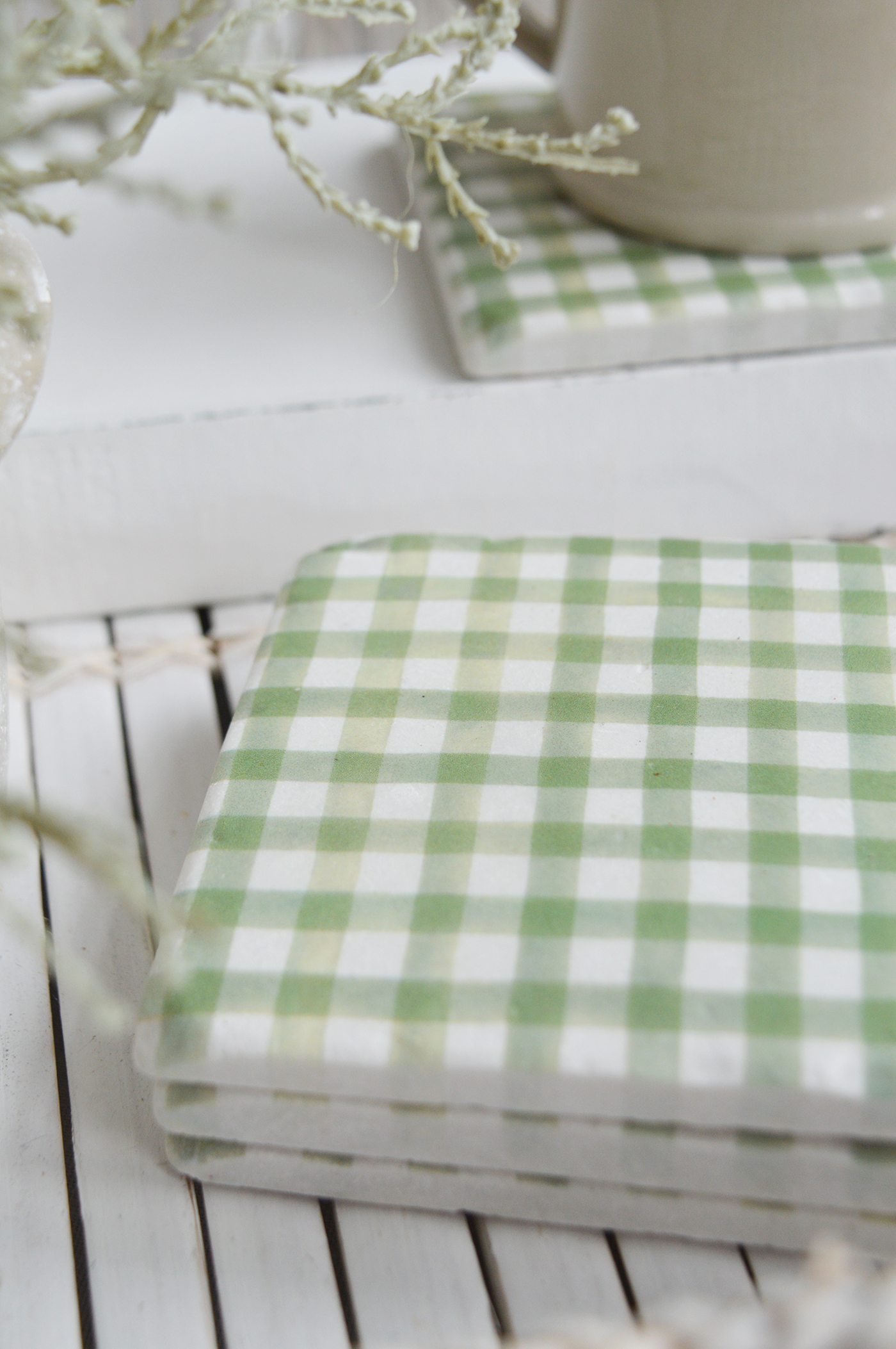 Gingham coasters - New England modern farmhouse, country and coastal furniture, home decor and interiors