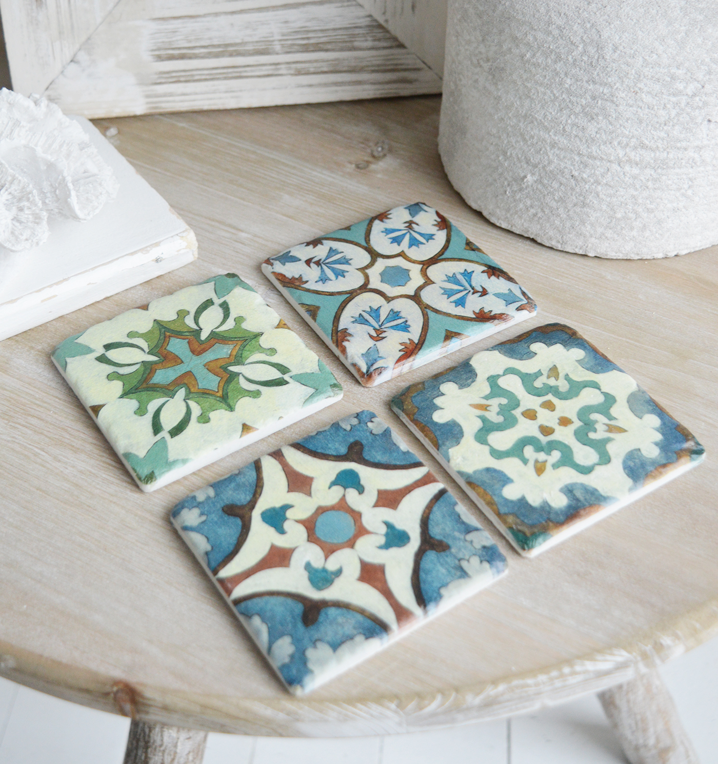 Period mosaic coaster tiles - Coasters to complement New England modern farmhouse, country and coastal furniture, home decor and interiors