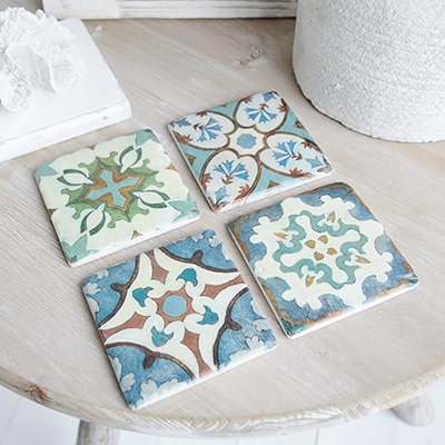 Period mosaic coaster tiles - Coasters to complement New England modern farmhouse, country and coastal furniture, home decor and interiors