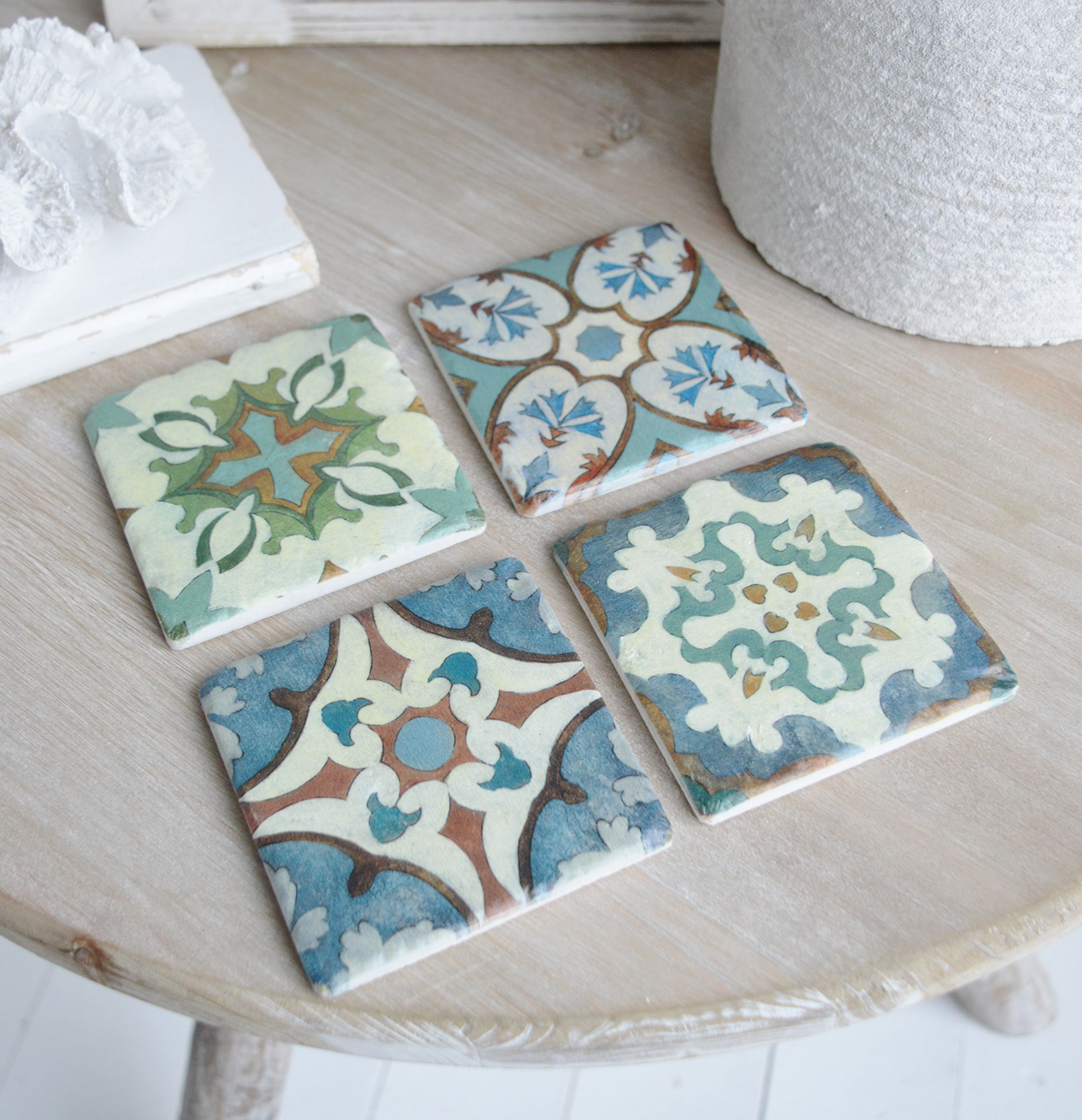 Period mosaic coaster tiles - Coasters to complement New England modern farmhouse, country and coastal furniture, home decor and interiors