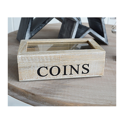 Wooden coins box with lid