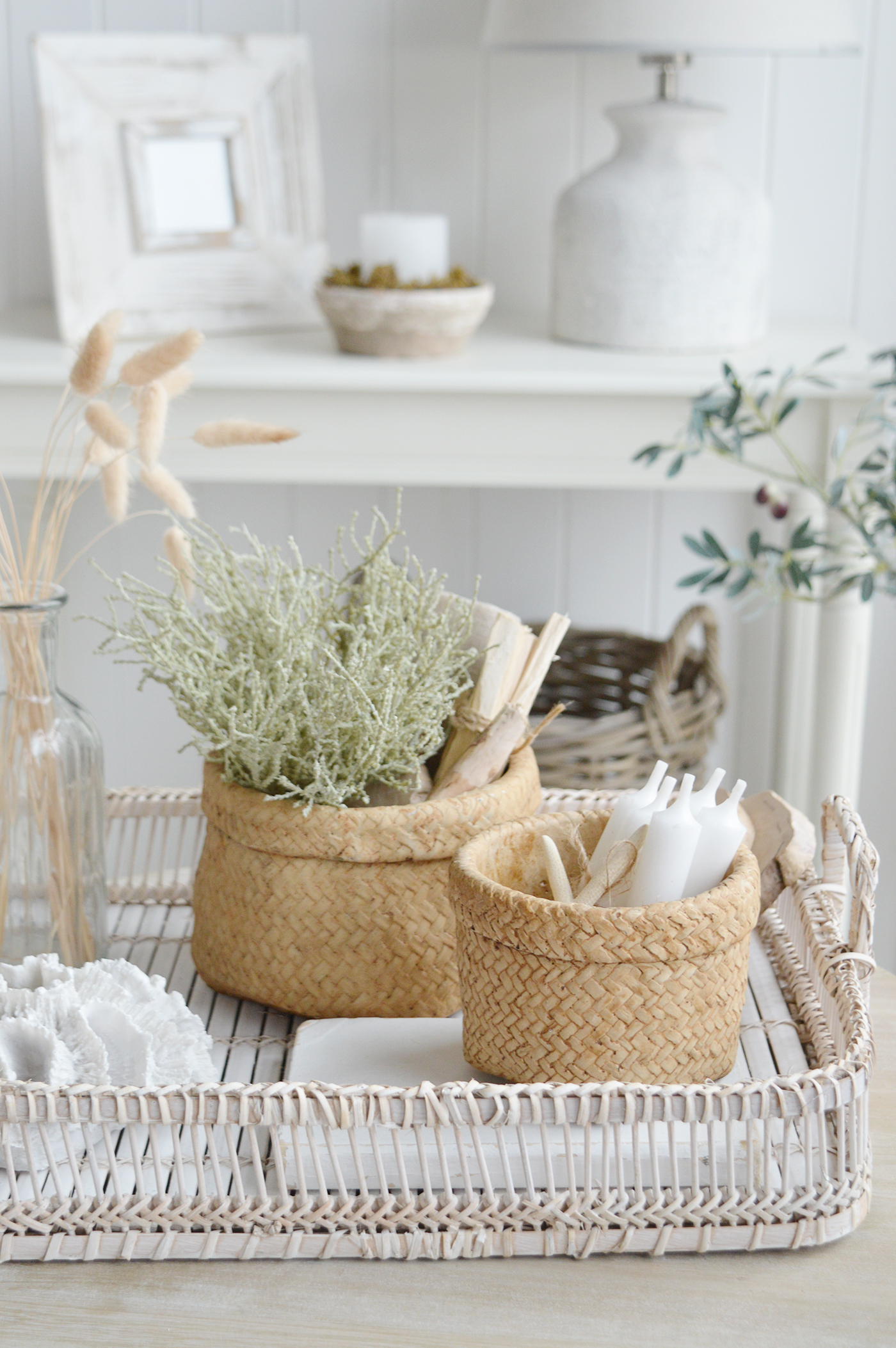 The Colton pots in a New England white living room 