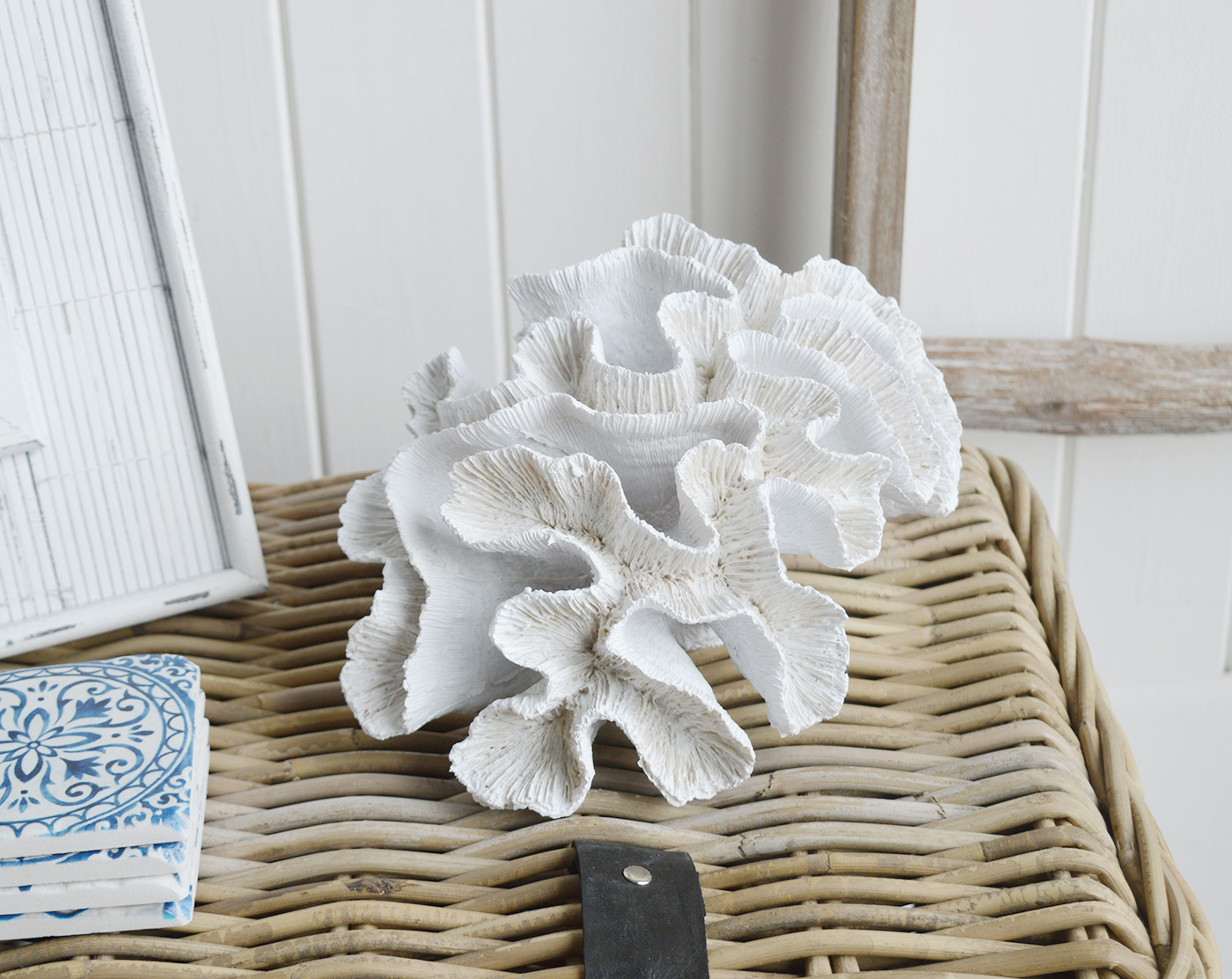 Decorative Artificial White Coral - Coffee Table Decor Elegant Coastal New England from The White Lighthouse Home. White Furniture and home decor accessories for the home interiors. New england interiors for luxury coastal home interiors