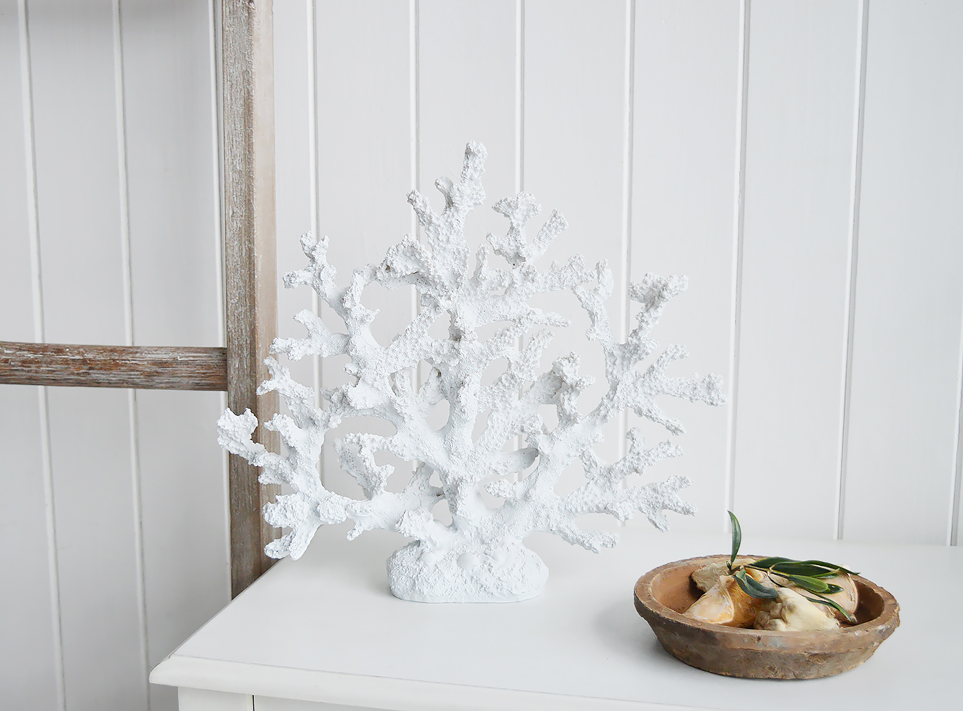 Decorative Artificial White Coral - Coffee Table Decor Elegant Coastal New England from The White Lighthouse Home. White Furniture and home decor accessories for the home interiors. New england interiors for luxury coastal home interiors