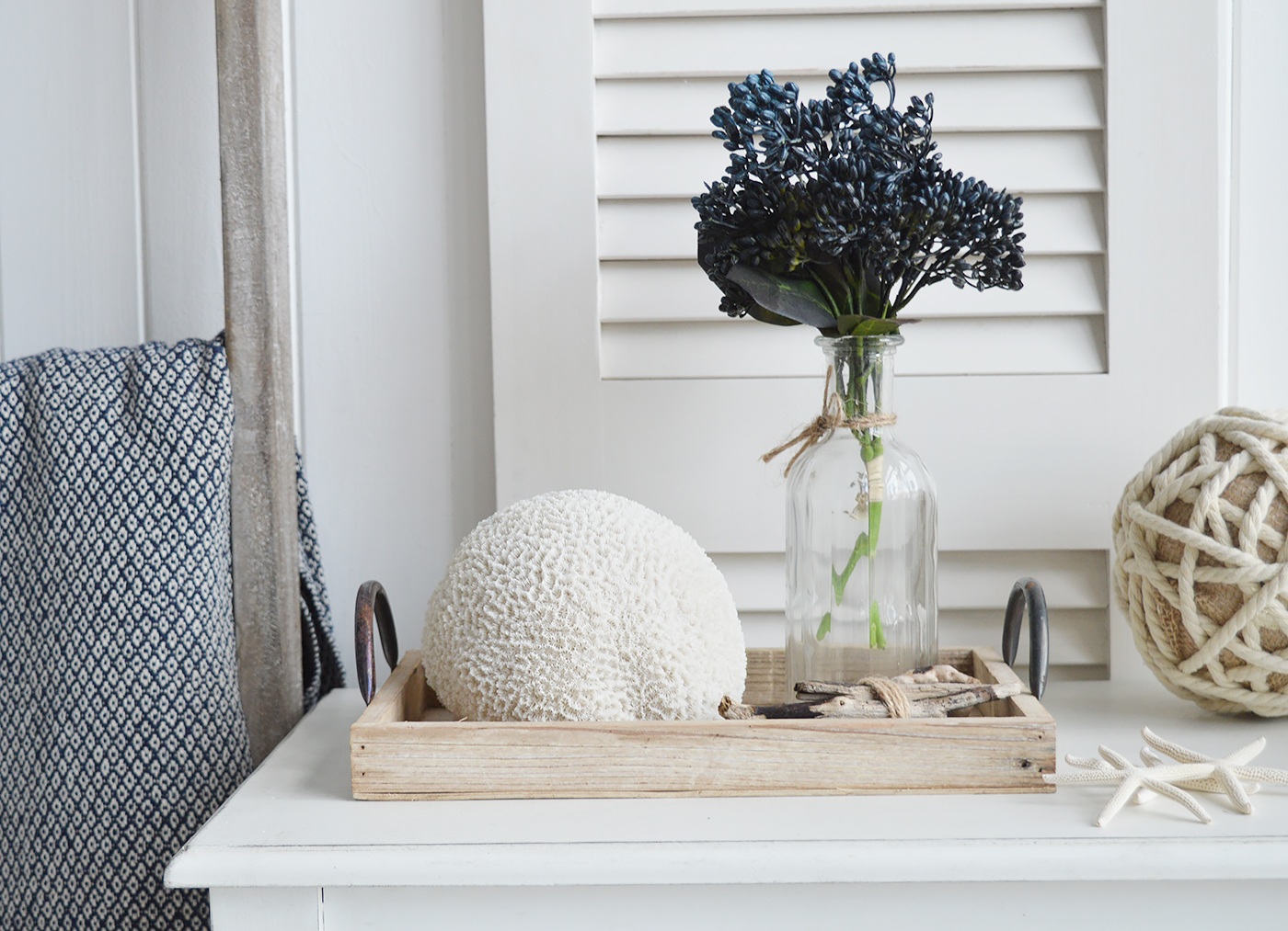 Decorative Artificial White Round Coral - Coffee Table Decor Elegant Coastal New England from The White Lighthouse Home. Hamptons homes style and interiors. New england interiors for luxury coastal home interiors