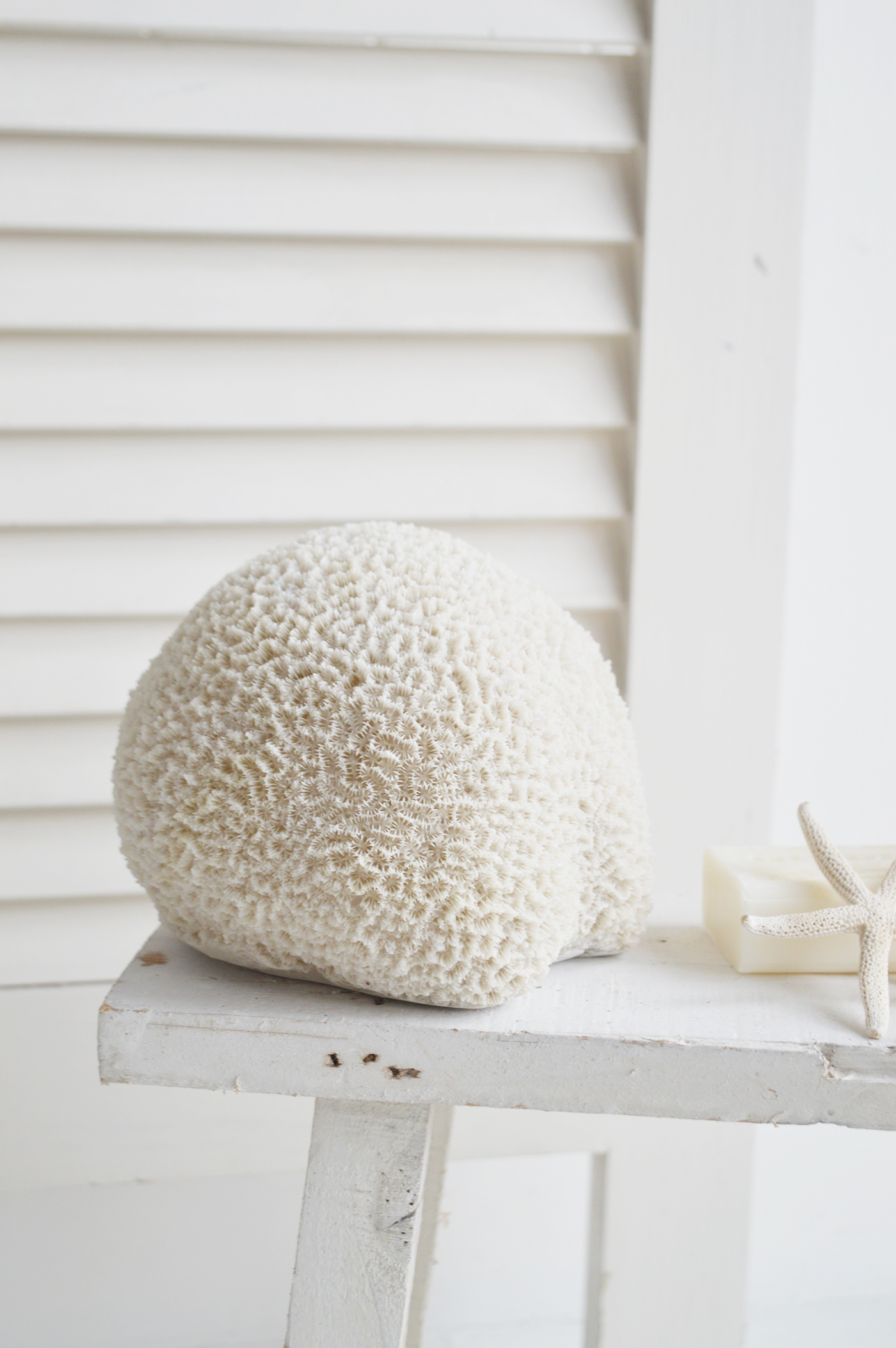 Decorative Artificial White Round Coral - Coffee Table Decor Elegant Coastal New England from The White Lighthouse Home. Hamptons homes style and interiors. New england interiors for luxury coastal home interiors