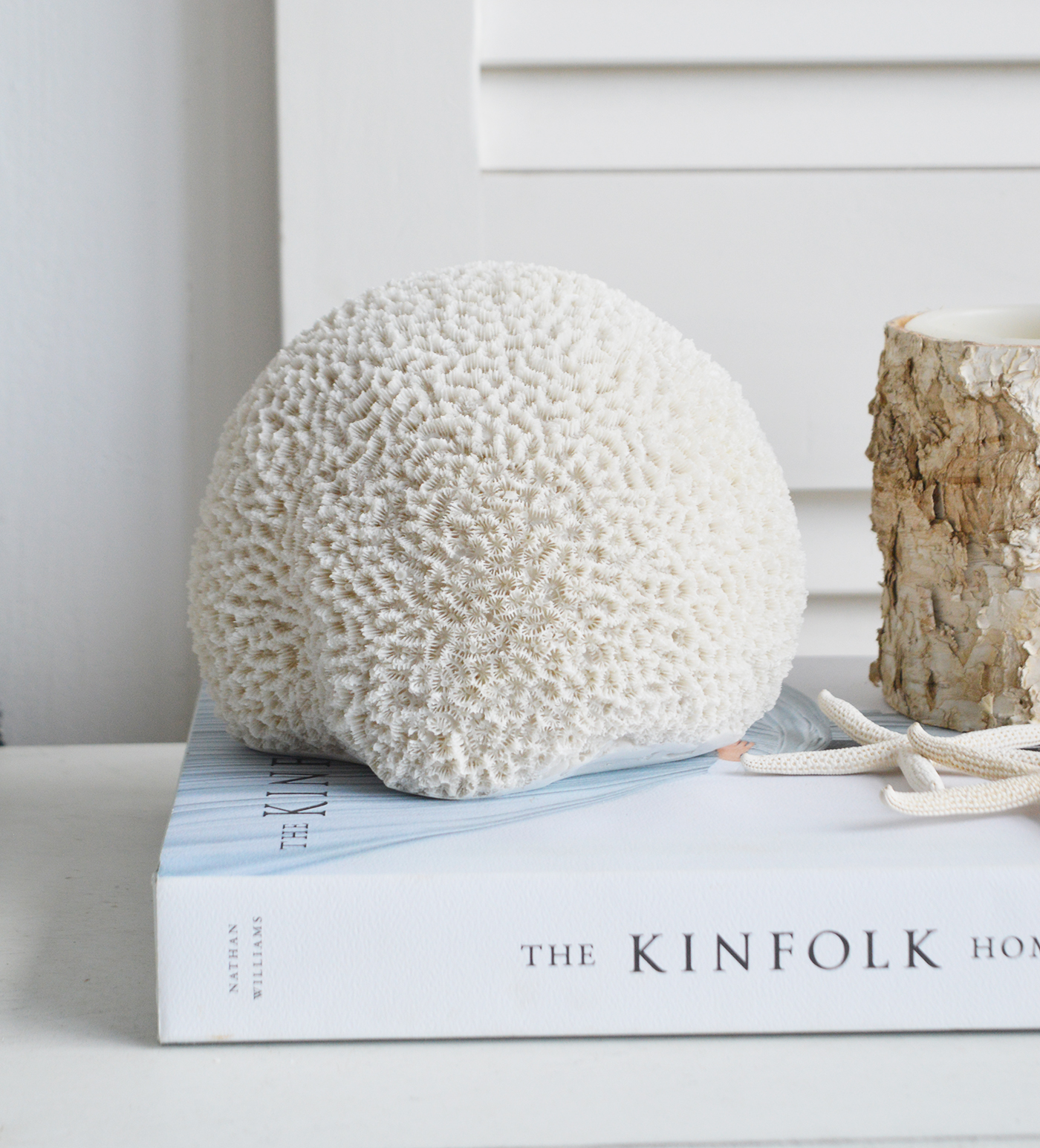 Decorative Artificial White Round Coral - Coffee Table Decor Elegant Coastal New England from The White Lighthouse Home. Hamptons homes style and interiors. New england interiors for luxury coastal home interiors