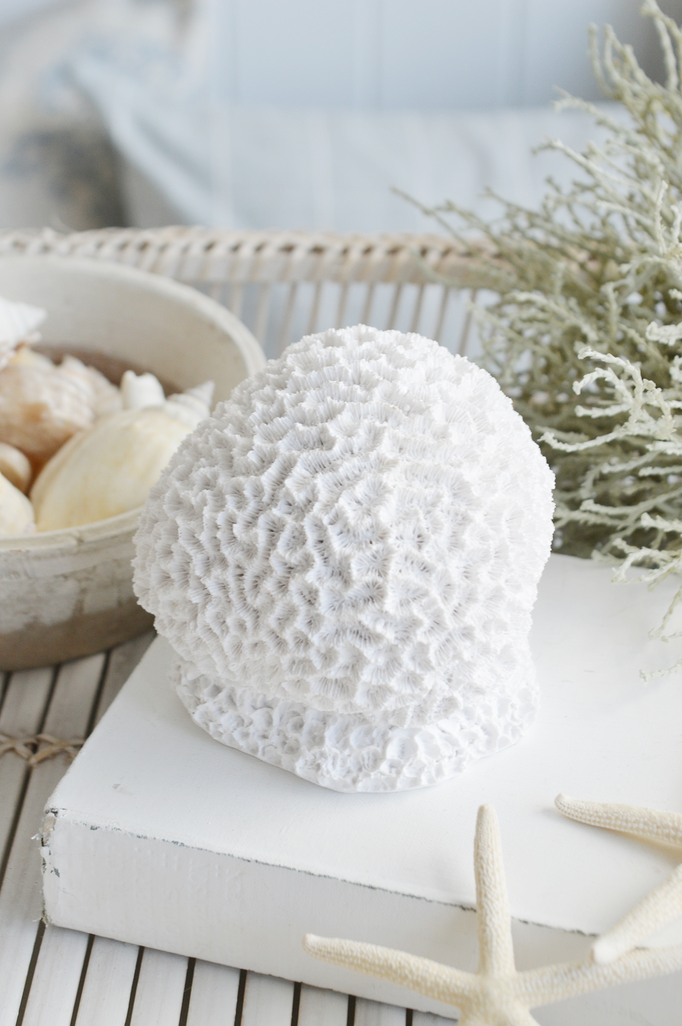 Decorative honeycomb resin faux White Coral - Coffee Table Decor Elegant Coastal New England from The White Lighthouse Home. White Furniture and home decor accessories for the home interiors. New england interiors for luxury coastal home interiors