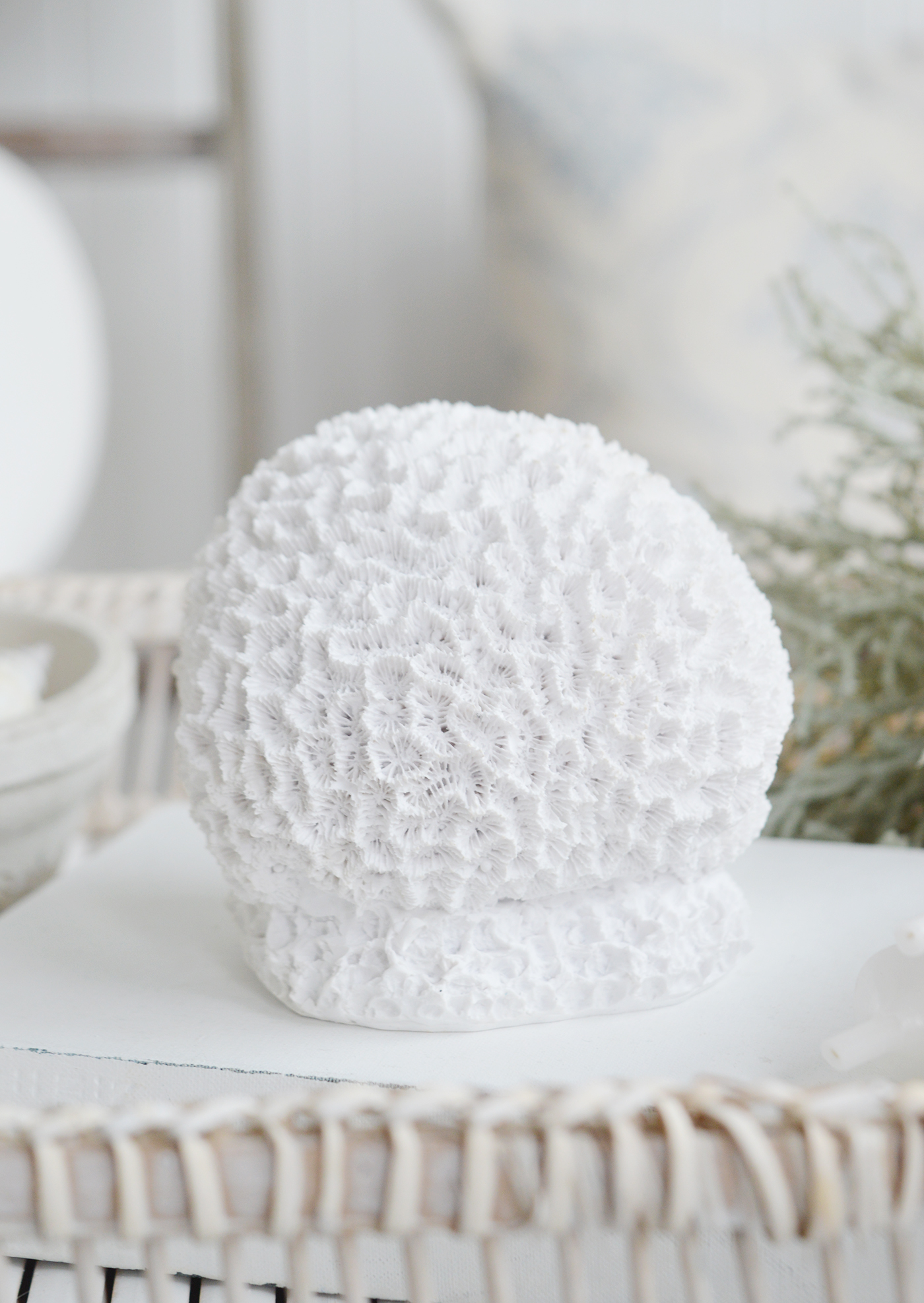 Decorative honeycomb resin faux White Coral - Coffee Table Decor Elegant Coastal New England from The White Lighthouse Home. White Furniture and home decor accessories for the home interiors. New england interiors for luxury coastal home interiors
