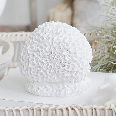 Decorative honeycomb resin faux White Coral - Coffee Table Decor Elegant Coastal New England from The White Lighthouse Home. White Furniture and home decor accessories for the home interiors. New england interiors for luxury coastal home interiors