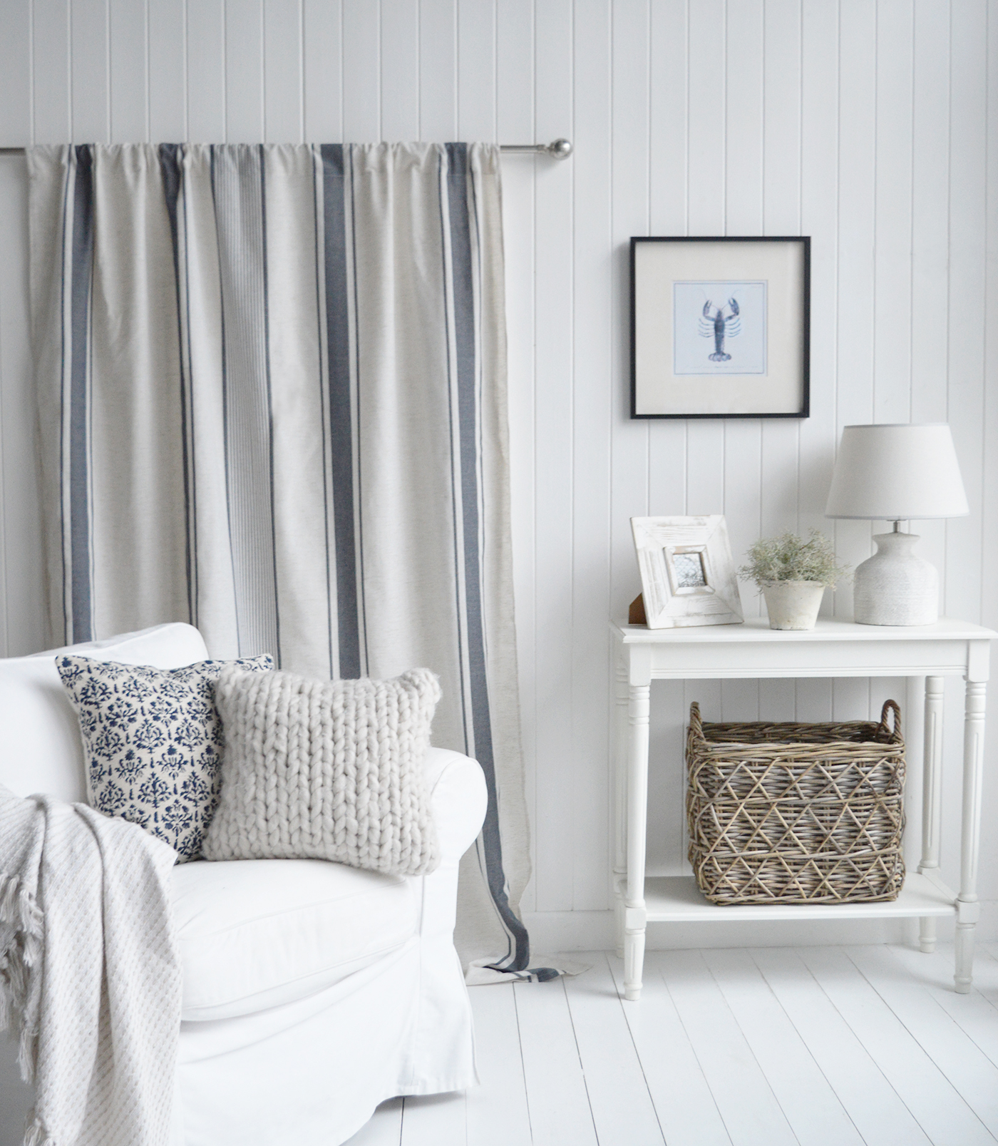 Navy stripes on a soft linen-look fabric — timeless, versatile and easy to hang with a loop top that slides straight onto the pole.