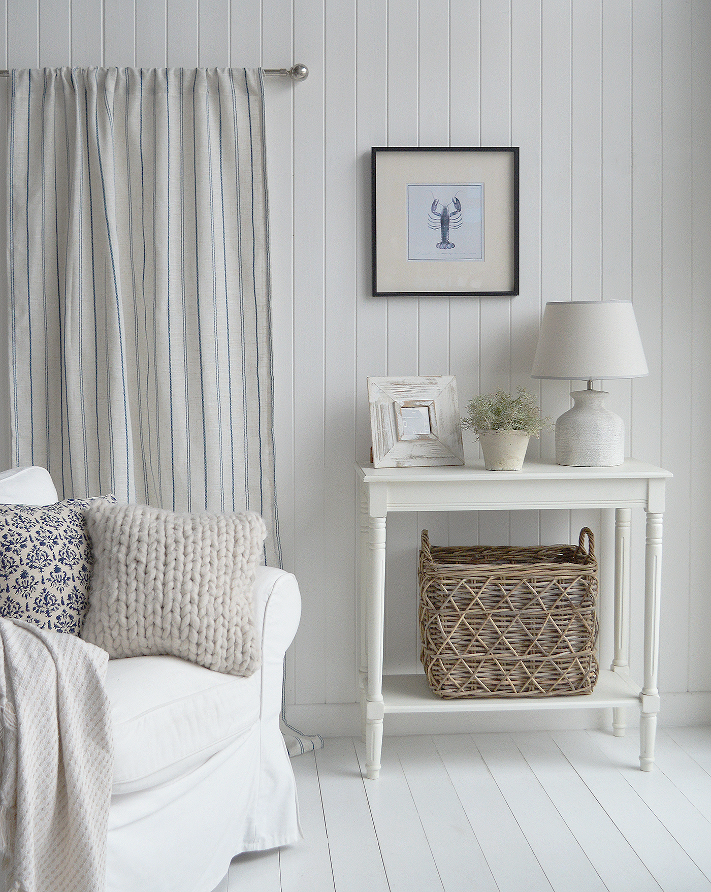 The Bluehaven Stripe Curtain adds a light, airy feel to coastal interiors with its fine blue stripes and soft linen-look texture, perfect for brightening relaxed seaside-inspired spaces.