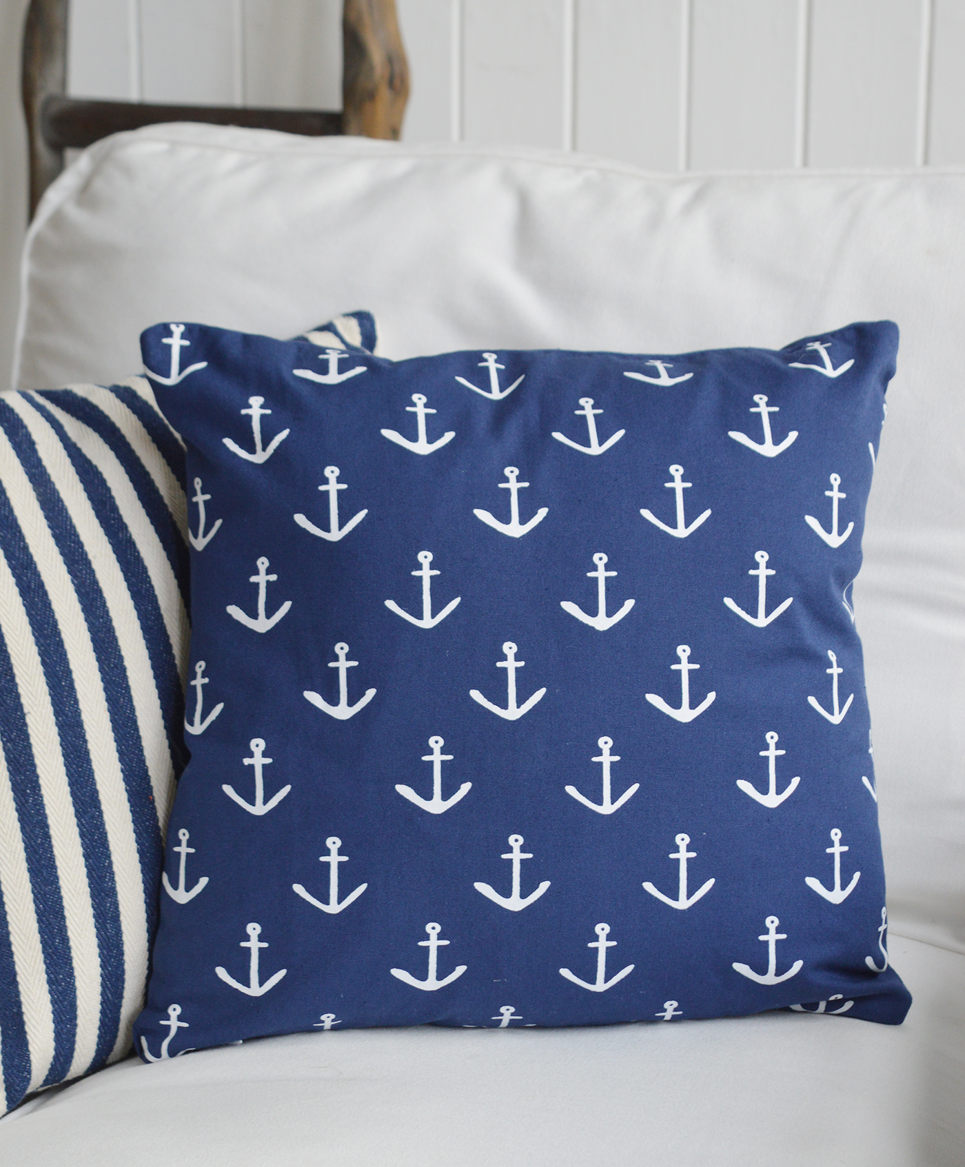 New England Style Country, Coastal and White Furniture and accessories for the home. New England cushions and soft furnishing - Coastal cushions -  white and navy anchor cushion