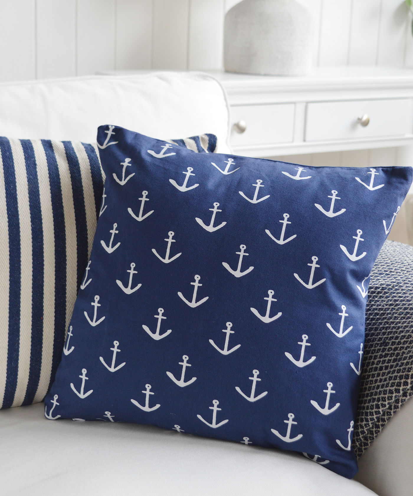 New England Style Country, Coastal and White Furniture and accessories for the home. New England cushions and soft furnishing - Coastal cushions -  white and navy anchor cushion