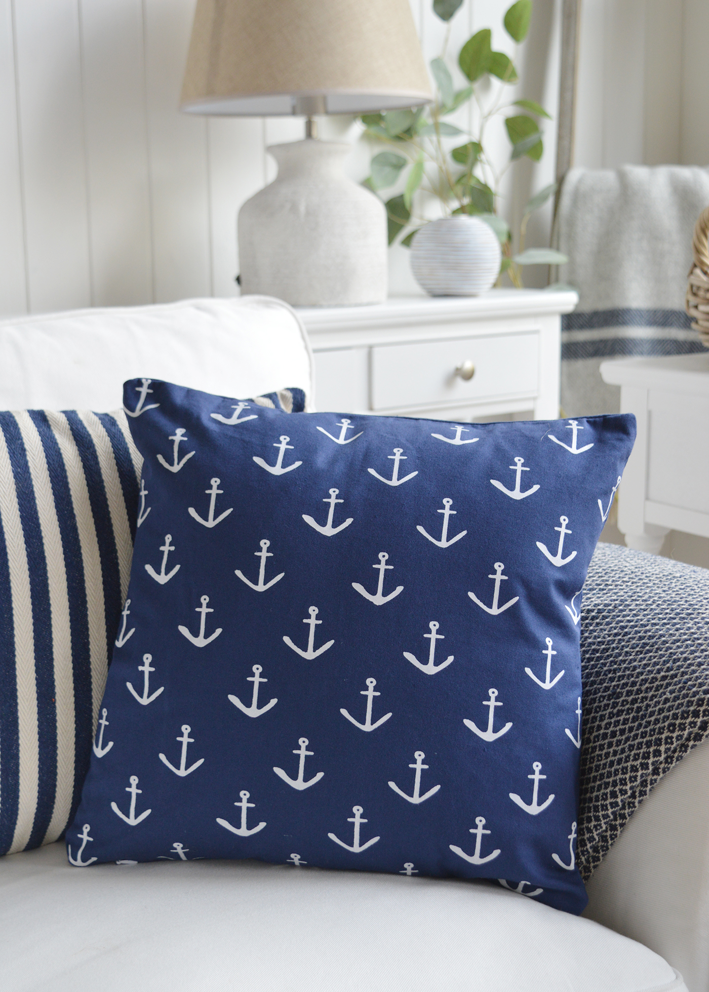 New England Style Country, Coastal and White Furniture and accessories for the home. New England cushions and soft furnishing - Coastal cushions -  white and navy anchor cushion