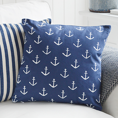 Navy and White anchor cushion with inner for coastal New England homes and interiors by the sea