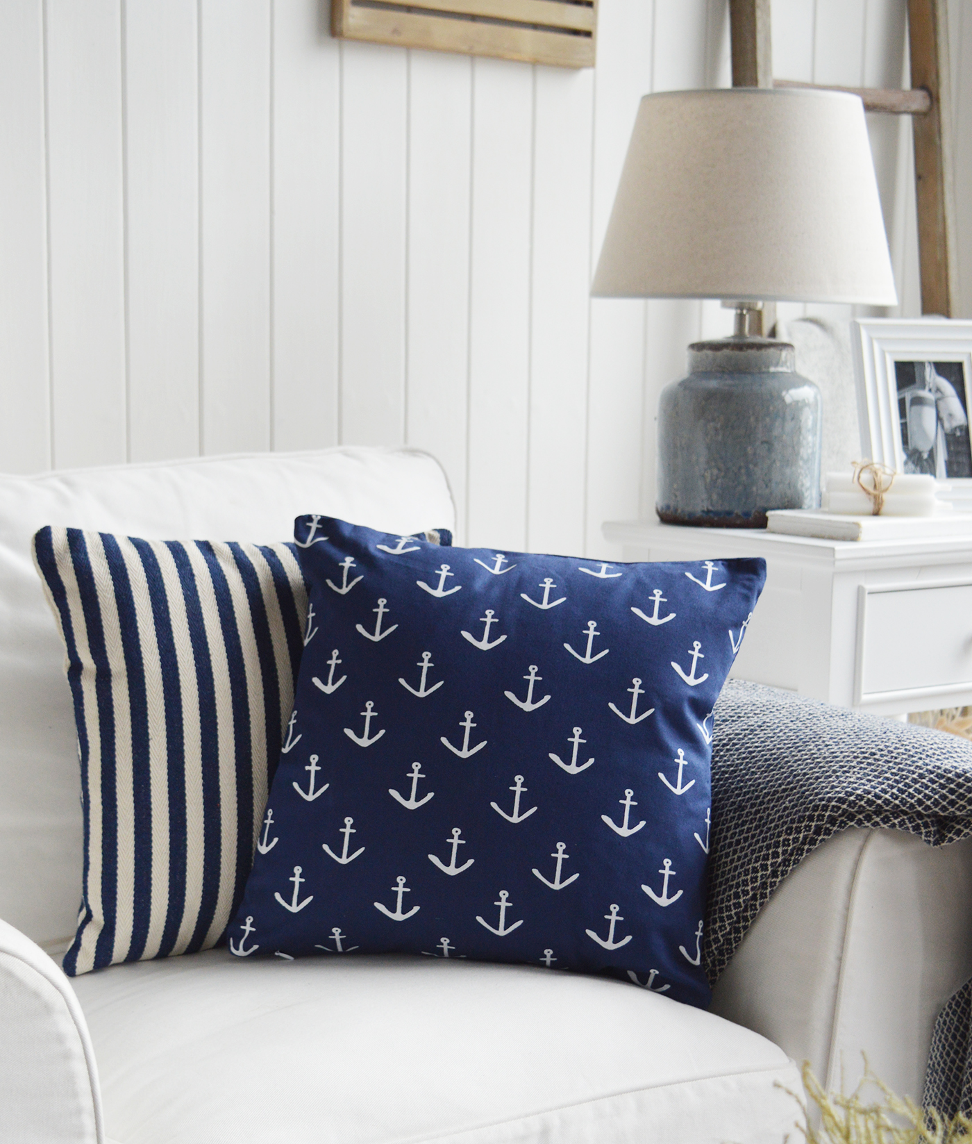 New England Style Country, Coastal and White Furniture and accessories for the home. New England cushions and soft furnishing - Coastal cushions -  white and navy anchor cushion