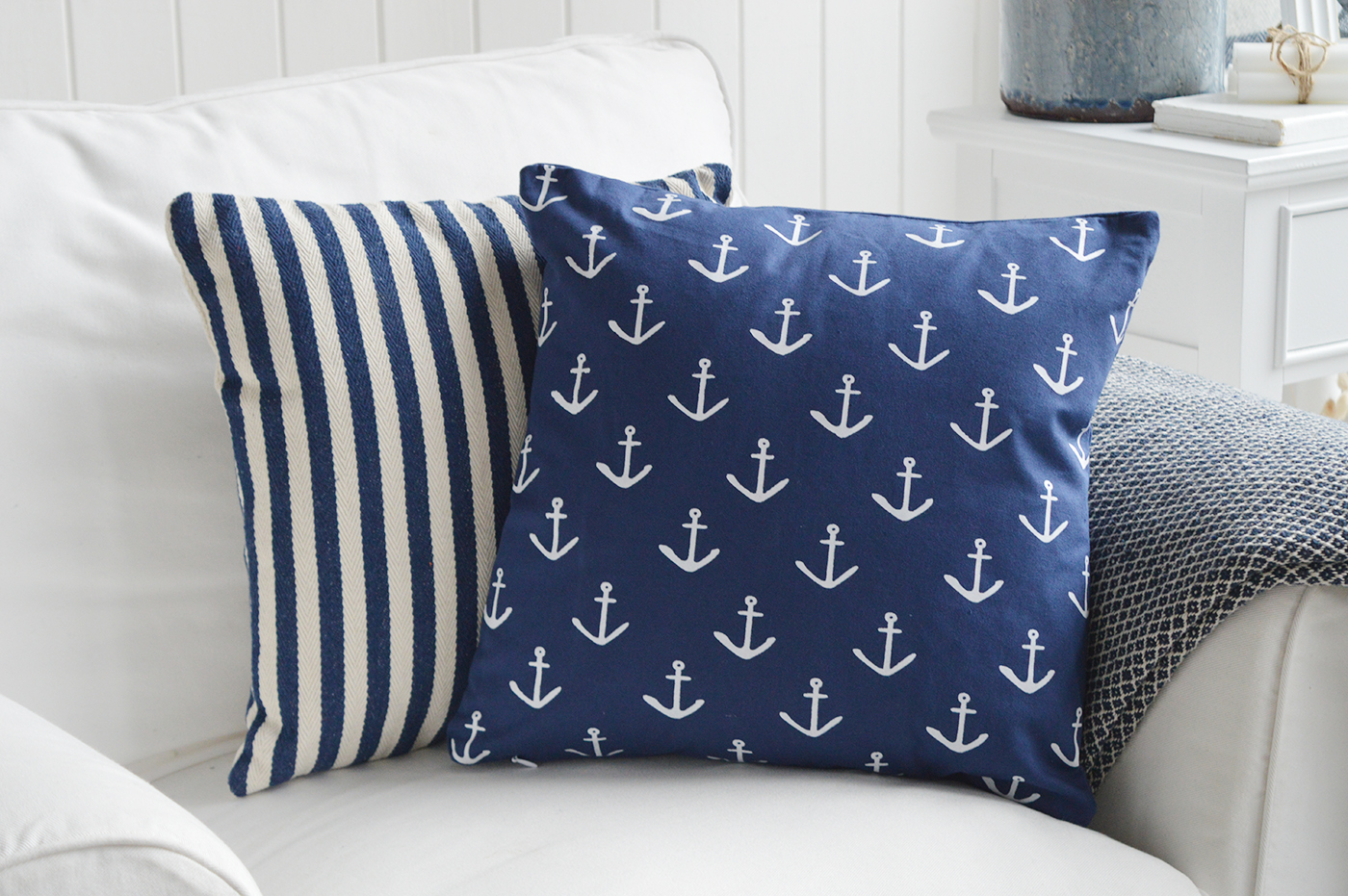 New England Style Country, Coastal and White Furniture and accessories for the home. New England cushions and soft furnishing - Coastal cushions -  white and navy anchor cushion