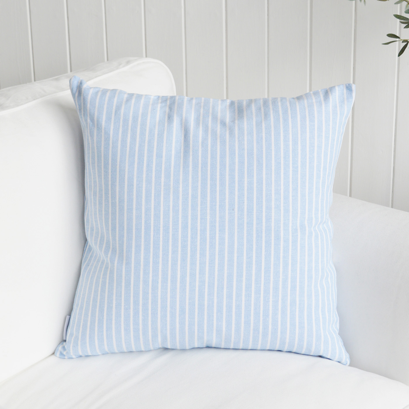 Beach Stripe Cushions in grey and light blue with inner for coastal New England coastal homes and interiors by the sea