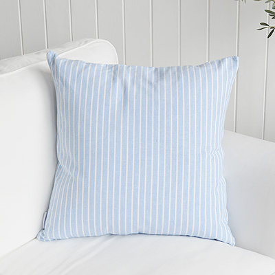 Beach Stripe Cushions in grey and light blue with inner for coastal New England coastal homes and interiors by the sea